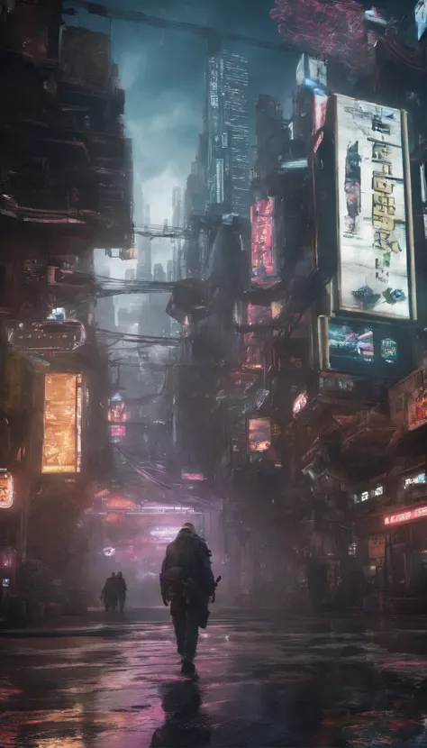 Cyberpunk style scientist，Semi-mechanized scientist，Combat posture，majestic-looking，The feeling of moving forward，Stunning colors。Set in a futuristic cyberpunk style city，the street，People with blurred vision，（Movie lighting），（light and shadow effect），（unr...