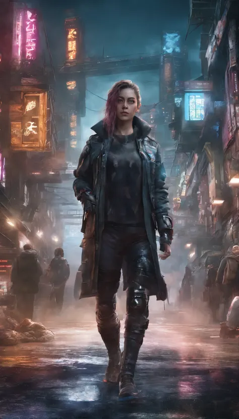 Cyberpunk style scientist，Semi-mechanized scientist，Combat posture，majestic-looking，The feeling of moving forward，Stunning colors。Set in a futuristic cyberpunk style city，the street，People with blurred vision，（Movie lighting），（light and shadow effect），（unr...