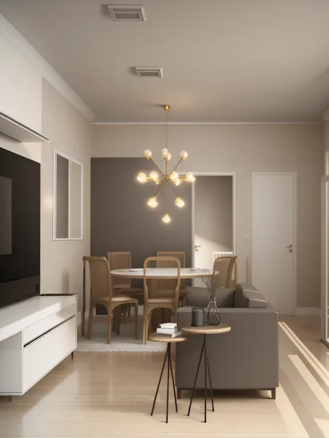 a representation of a living room with a dining table and a television, quadros nas paredes, sem janelas, carpet on the ground, painel mdf, papel de parede, portas ao fundo, Piso transparente, 2 d render, sem janelas, quadros nas paredes, Ceiling lighting,...