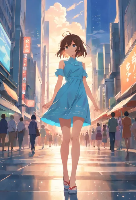 Gorgeous dress，Slender legs，Masterpiece，long whitr hair，cat ear，extremely hyper，A giantess，In the city，with blue sky and white clouds，Chopstick legs，Full limbs，Huge maiden，The face is delicate，High volume，No shoes