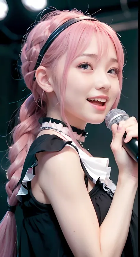 (ultra-detailliert), Cute princess dresses in black color,(frilly dress),(shortsleeves),Blue eyes,The upper part of the body、a closeup、faces、(A smile:1.5),(facing front:1.2), 20yr old, teens girl,no tail,(no tail),2D, ​masterpiece, top-quality, animesque,B...