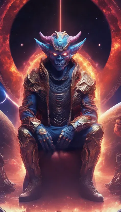 Universe, the demon man who destroys planets, pose sitting on planet earth, best quality, 4K quality