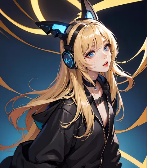 Super fine beautiful woman face, blonde long hair, bangs, blue eyes, black oversized hoodie, black choker, freckles, headphones, headset, half body figure, front facing, simple plain background, one color background, dark color background