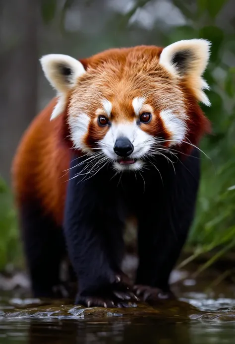 lesser panda，Photoreal，Red Panda Who Is，Red panda drinking water，alert、4K