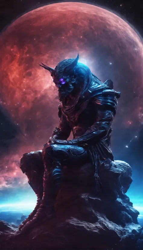 Universe, the demon man who destroys planets, pose sitting on planet earth, best quality, 4K quality