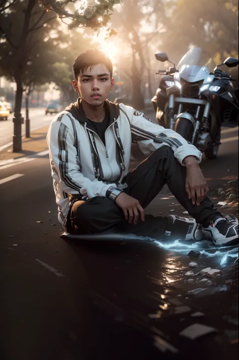 1boy, solo, black hoodie, black long pants, white shoes, front of Lamborghini, street, white skin, 18 year old, sitting irregularly, black hair, black eyes, innocent, detailed face, detailed eyes, Eye-Level Shot, god rays, glowing light, modern, 85mm, Niko...