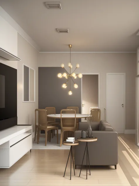 a rendering of a living room with a dining table and a television, quadros nas paredes, sem janelas, tapete, portas ao fundo, piso claro, 2 d render, sem janelas, quadros nas paredes, Ceiling lighting, lustre aceso, luzes acesas, tons claros, sala de estar...