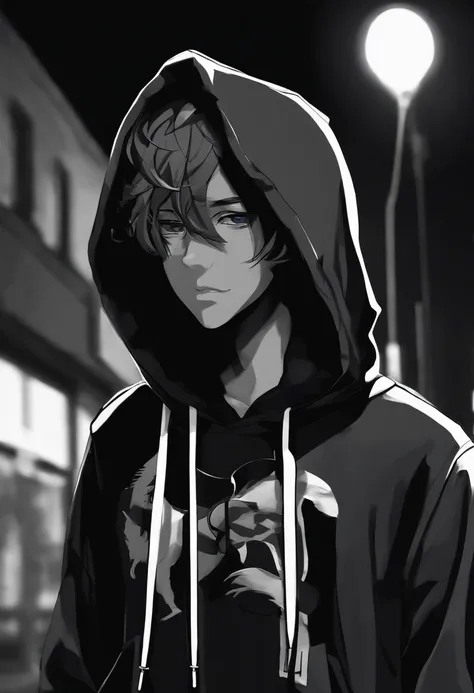 Personagem negro de 15 anos, com cabelo preto curto. Wears black hoodie and jeans. Usa celular preto com tela grande e adesivo de hacker. Its standing on a dark street, olhando para o celular, ((estilo anime)), (anime style), ((anime))