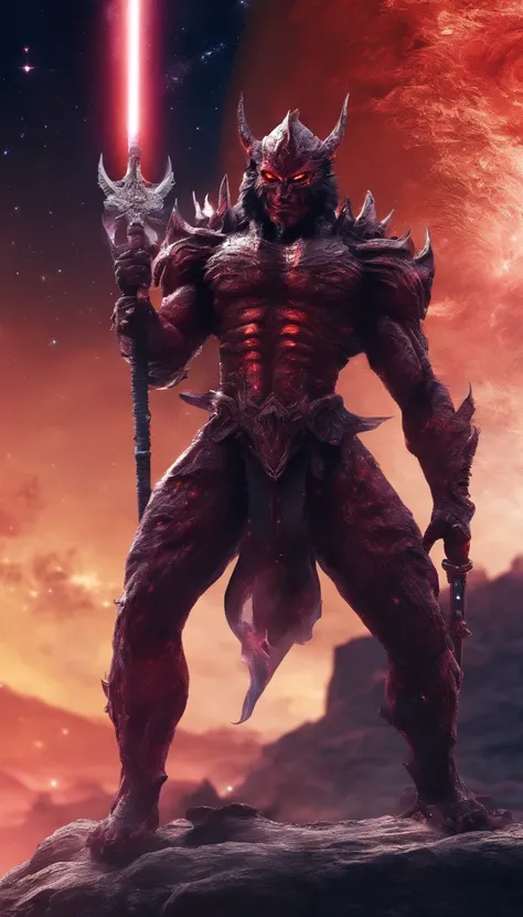 Universe, the demon man who destroys planets, pose sitting on planet earth, best quality, 4K quality, carrying the sword of hell.