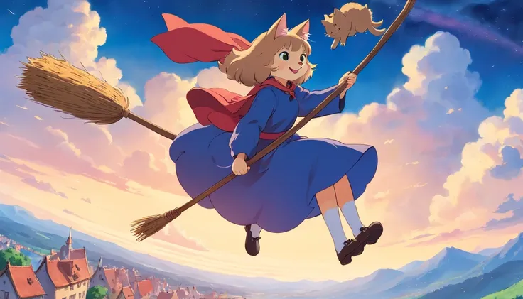 fantasy painting，Witchs Delivery Service,Girl straddling a broom and flying in the sky,((Hugging a cute big fat cat))，Ghibli style,Career in Croatia