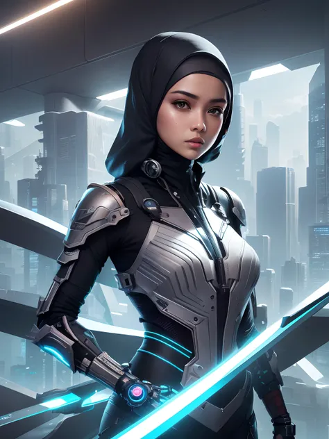 Illustrate a futuristic cityscape where a Malay girl in hijab uses her advanced technology and intelligence to solve complex cyber mysteries and navigate a high-tech, cyberpunk world