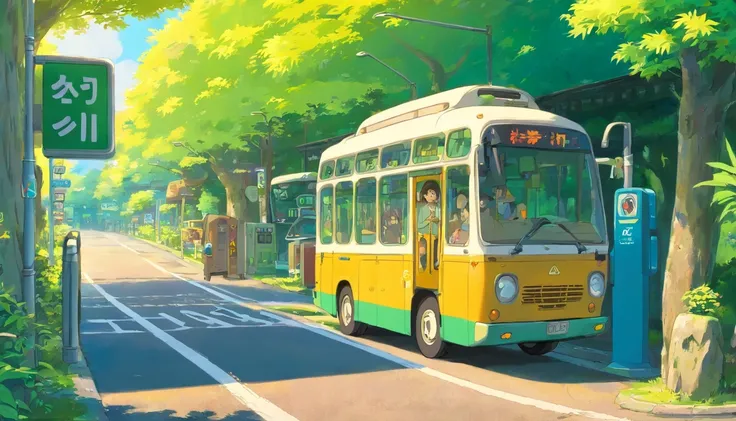 fantasy painting，Socrates is waiting for a bus at Totoro and the bus stop