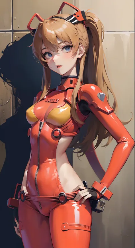 ((Obra maestra,La mejor calidad, Detallado)), contra la pared, Souryuu Asuka Langley, Traje de prueba, sombrero