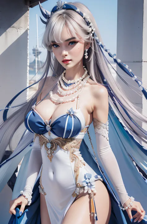 white long hair, pearl necklace, wearing blue navy dress elegant, glare expression, staring intently, sea goddess headband, blue nails, photorealistic, masterpiece