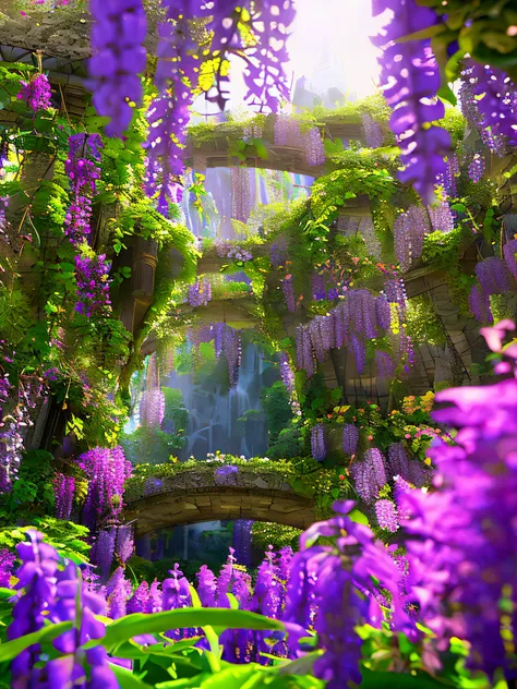 garden of eden, vivid colorful flowers, lots of purple and pink wisteria hanging from ceiling, overgrown, vines, moss, style of ...