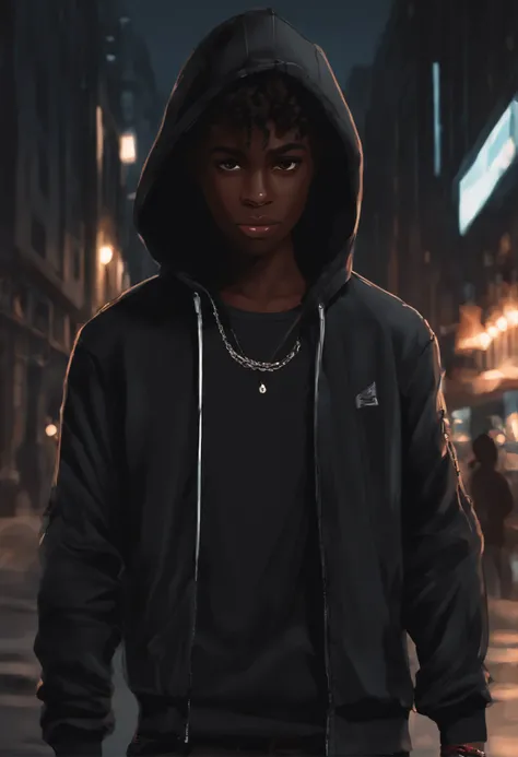 Personagem negro de 15 anos, com cabelo preto curto. Wears black hoodie and jeans. Usa celular preto com tela grande e adesivo de hacker. Its standing on a dark street, olhando para o celular, ((estilo anime)), (anime style), ((anime))