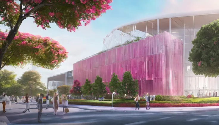 A rendering of a large rose exhibition building，Concept art of space design in the shape of roses，Renderings of the exhibition hall，conceptual drawing, 3D modeling，C4D style，wide wide shot，8K，