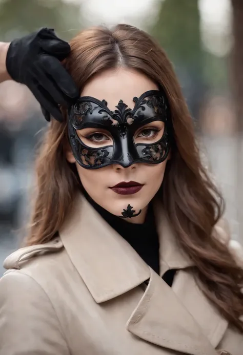 Venetian mask covering the entire face, black leather gloves, trench coat, long boots, women