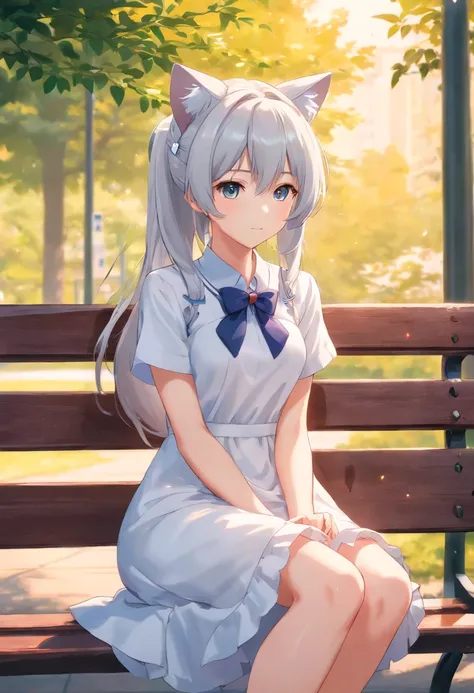 Anime girl sitting on bench，There are cat ears on the head, white dresses!! silber hair, cute anime waifu in a nice dress,, White-haired god, gray-haired girl, Perfect girl with white hair, Güvez on Pisif Art Station, whaite hair, Flowing white hair