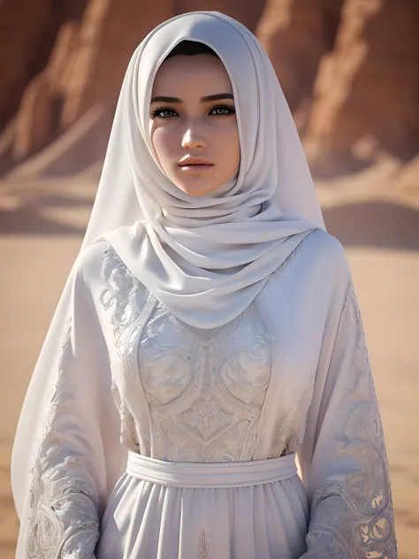 (realistic:1.3), insane detailed, quality, (masterpiece:1.2), (photorealistic:1.2), (best quality), (detailed skin:1.3), (intricate details), ray tracing, ((half body)), (1girl), 25 years old, medium breasts, white abaya, longsleeve, desert, (blurry backgr...