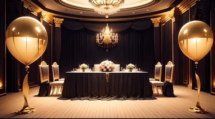 party room, very rich, saturn theme, chic lights, masquerade ball, large room, decorated with saturn balloons