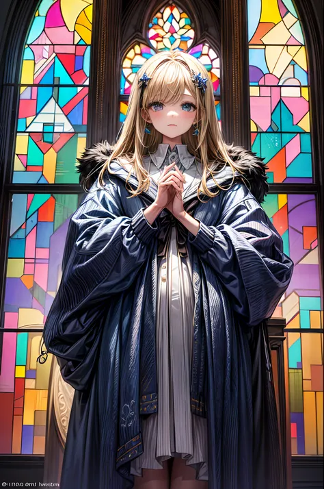 One girl, Medium Hair, Blonde hair, lots of earrings, Knitted cardigan with long hood, Dimly lit church, Beautiful large stained glass windows, Star-shaped stained glass, ultra-quality, super fine details, hyper detailed background, more_Details:-1, more_D...