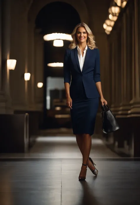 extreme closeup of A stunning beautiful classy arrogant confident blond elegant top executive woman with beautiful legs standing on feet high heels named Sharonah Volmariota, smiling, wearing dark blue business suit and white shirt, location of a the movie...