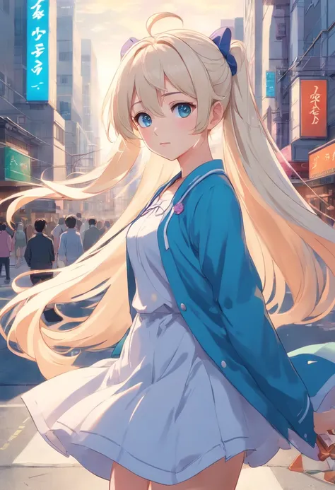 Masterpiece，long whitr hair，extremely hyper，A giantess，In the city，Full limbs，Huge maiden，The face is delicate，White color hair，Double ponytail curls，blue color eyes，White Lolita