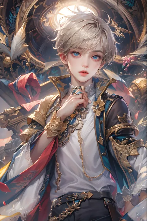 (absurdres, highres, ultra detailed, HDR), masterpiece, best quality, Android Game Character , short hair, handsome boy, anime eyes, Mobile Legends Hero, detailed scebe, detailed character