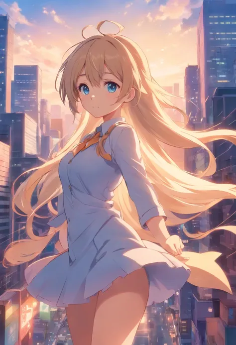 Masterpiece，long whitr hair，extremely hyper，A giantess，In the city，Full limbs，Huge maiden，The face is delicate，White color hair，Double ponytail curls，blue color eyes，White Lolita，Big breasts，sexy for