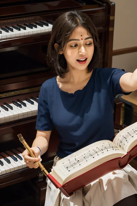 Create a captivating visual representation of a 35-year-old college teacher in India, passionately imparting the knowledge of music in a dynamic music class setting. Illustrate the scene with an aura of expertise and dedication as the teacher engages with ...