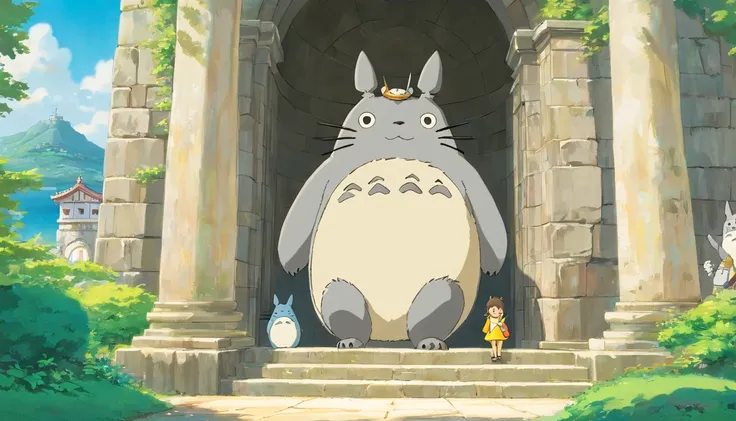 Ghibli style,Greece,The background is the Parthenon,((Stone statue of Totoro)),Socrates looking at a stone statue