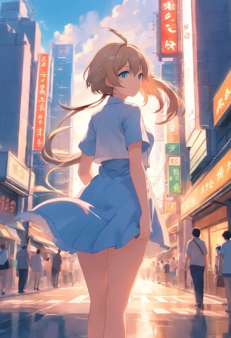 Masterpiece，long whitr hair，extremely hyper，A giantess，In the city，Full limbs，Huge maiden，The face is delicate，White color hair，Double ponytail curls，blue color eyes，White Lolita，Big breasts，sexy for