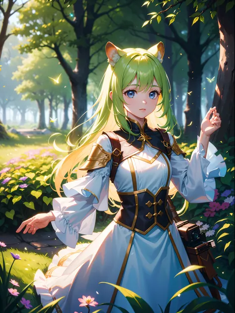 masterpiece, 1beautiful girl, with long hair and guild adventurer clothes, she is in a beautiful ([woodland setting]), {([she is in interaction with the elements of the setting])|+([3D space composition ]):1.2}!  {The setting is: (fareground/ bright leaves...