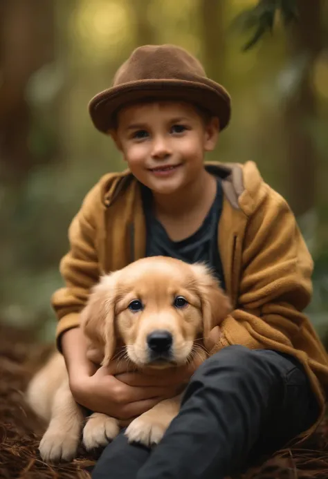 Um lindo menino de 10 anos, de olhos cor de mel, holding a Golden Retriever puppy, em uma floresta, imagem ultrarealista, realista, 8k