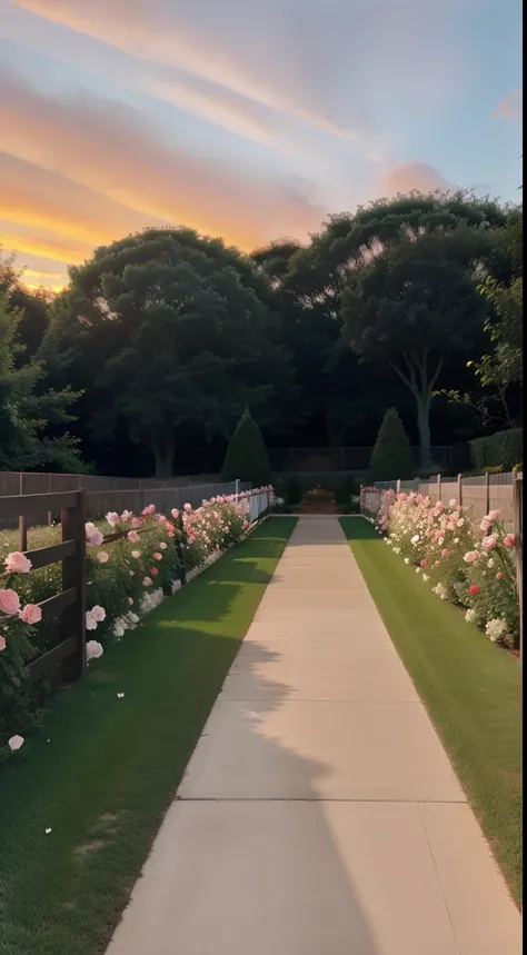 The sky is a magnificent sunset, In front of it is a row of white fences, The fence is covered with delicate roses, The colors of the roses are colorful, The whole picture is romantic, reality, high detail, Realism, chromatic aberration, chiaroscuro, UHD, ...