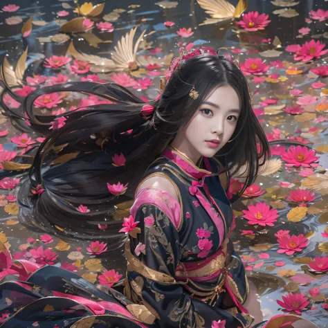 32K（tmasterpiece，k hd，hyper HD，32K）Long flowing black hair，ponds，zydink， a color， Aozhou people （Concubine girl）， （Silk scarf）， Combat posture， looking at the ground， long whitr hair， Floating hair， Carp pattern headdress， Chinese long-sleeved clothing， （a...