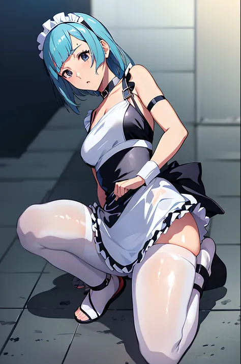 miwakasumi,collar,leash,bondage,wet,sweat,1girl,solo,full body, tutuhsb,white pantyhose, pantyhose, black_choker,anklet,shackles,print_pajamas,pajamas,maid,gothi