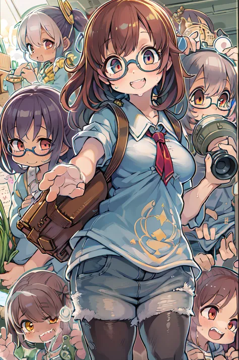 masutepiece, Best Quality, 1girl in, Sharp eyes, Cultivated woman, Smile,a child girl,Lori,rocket launcher、Multiple girls、big round glasses,