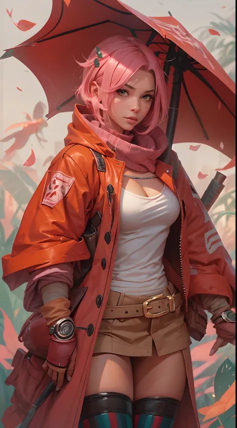 Sakura haruno, seductive, ((forehead to show)), attractive, sexy eyes, red coat, pink hair, delicate, young, short hair, detailed face, high definition, full body, from League of Legends, trend in artstation, by rhads, andreas rocha, rossdraws, makoto shin...