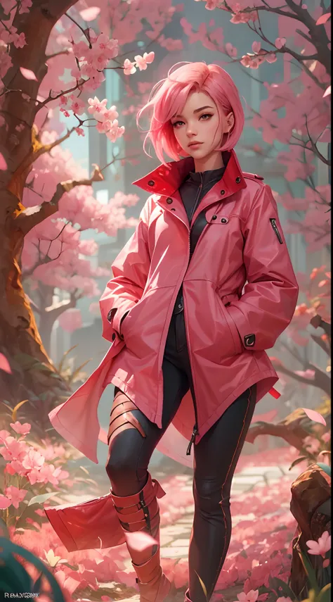 Sakura haruno, seductive, ((forehead to show)), attractive, sexy eyes, red coat, pink hair, delicate, young, short hair, detailed face, high definition, full body, from League of Legends, trend in artstation, by rhads, andreas rocha, rossdraws, makoto shin...