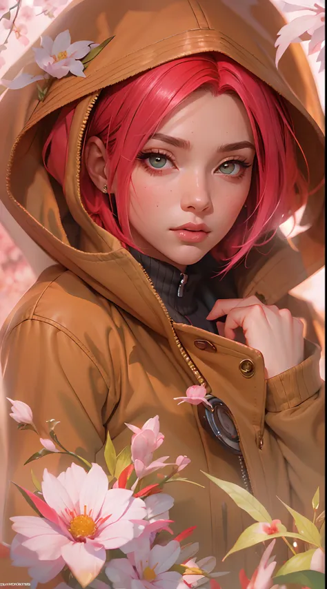 Sakura haruno, seductive, ((forehead to show)), attractive, sexy eyes, red coat, pink hair, delicate, young, short hair, detailed face, high definition, full body, from League of Legends, trend in artstation, by rhads, andreas rocha, rossdraws, makoto shin...