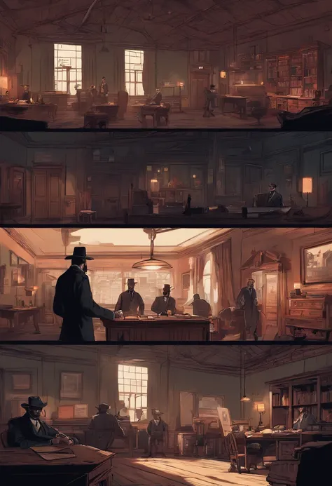 (best quality, 4k, highres, masterpiece:1.2), (realistic:1.37), ultra-detailed, Red Dead Redemption 2 art style, Pinkerton detective, Pinkerton detective in a suit, western town of Saint Denis in 1907, dimly lit room, six Pinkerton agents standing around a...