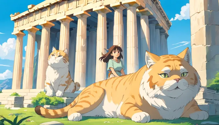 Ghibli style,Greece,((The background is the Parthenon)),((Fat big cat and beautiful girl))