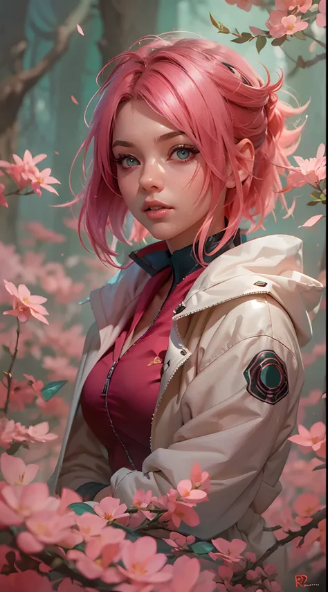 Sakura haruno, seductive, ((forehead to show)), attractive, sexy eyes, red coat, pink hair, delicate, young, short hair, detailed face, high definition, full body, from League of Legends, trend in artstation, by rhads, andreas rocha, rossdraws, makoto shin...