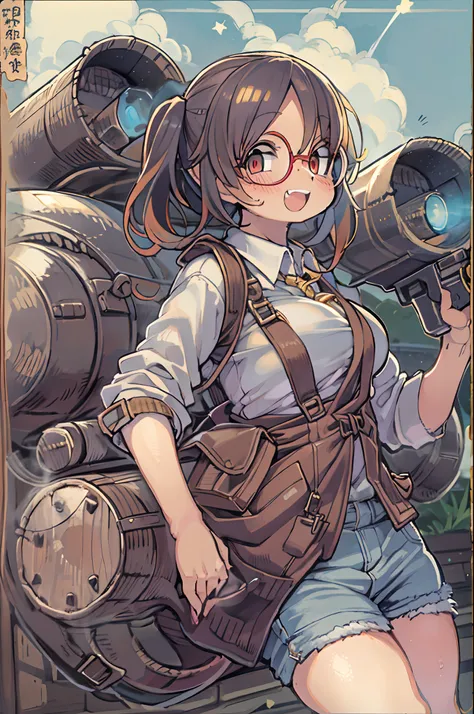 masutepiece, Best Quality, 1girl in, Sharp eyes, Cultivated woman, Smile,rocket launcher、big round glasses,