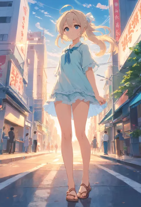 No shoes，Stand barefoot，Masterpiece，long whitr hair，extremely hyper，A giantess，In the city，Full limbs，Huge maiden，The face is delicate，White color hair，Double ponytail curls，blue color eyes，White Lolita，Long-range shots