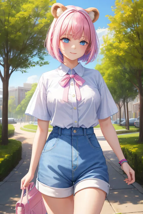 ​master piece, Best Quality, High resolution, Ultra-detailed, 1girl in, Late teens, Pink hair and pale blue eyes, (White shirt, Simple shirt without ribbon), bulging short sleeves, Dark blue shorts, Fluffy animal ears,  Bangs, Short hair, Bow, Hair Bow, pi...