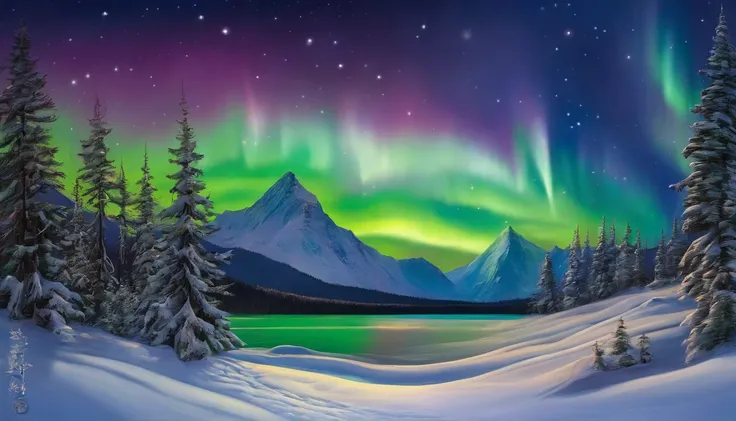 Snowy mountain night with snowy coniferous forest at the foot of the mountain。The Northern Lights shine in the sky、The snow looks tinted in the color of the Northern Lights.