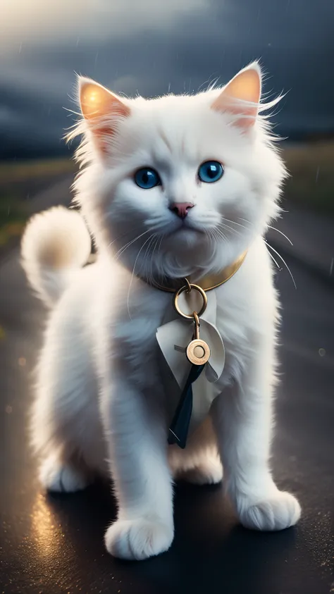 White colored cat puppy wearing raincoat, stormy weather, with cinematic lighting and ultra realistic details, realistic photo, cinematic photography, incredibly detailed, film lighting